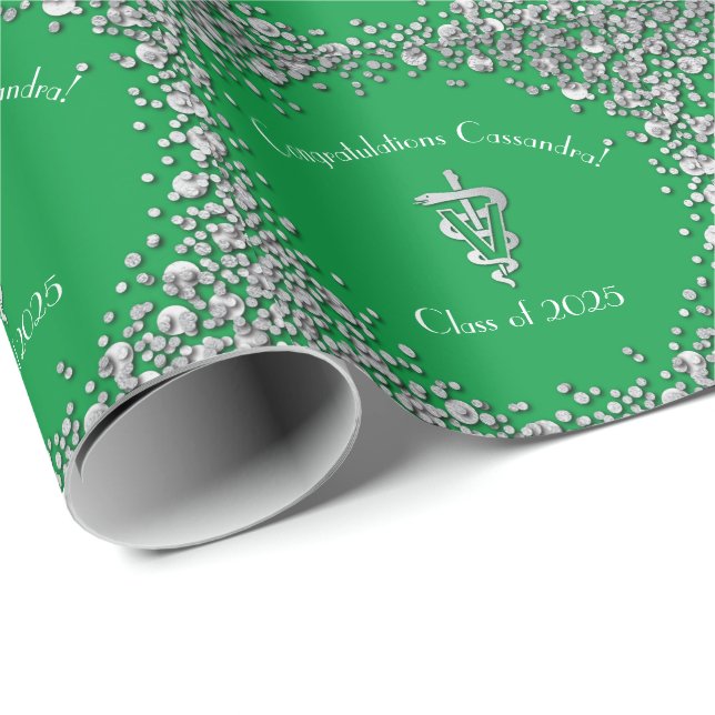 Papier Cadeau Diplômé Vétérinaire Vert Argent (Coin rond)