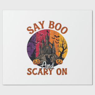 Papier Cadeau Dis Boo Halloween effrayant Maison hantée Chat noi