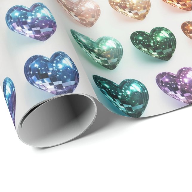 Papier Cadeau Disco Ball Pride Coeurs Enveloppement Cadeau (Coin rond)