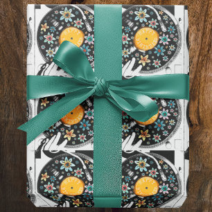 Papier Cadeau Disque vinyle d'anniversaire floral aquarelle rétr