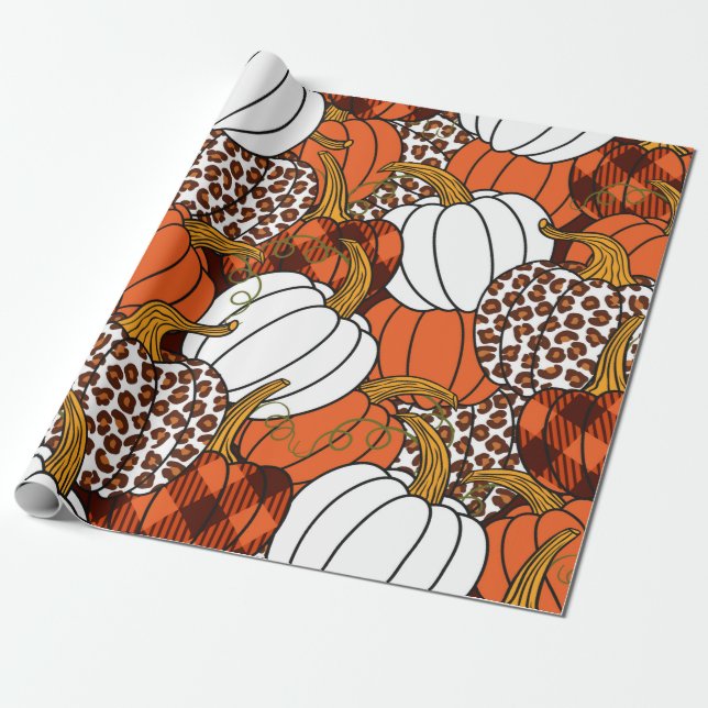 Papier Cadeau  Divers citrouilles. Leopard, orange, blanc et buf (Déroulé)