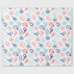 Papier Cadeau Divers coquillages bleu rouge ligne art motif