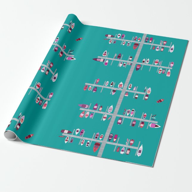 Papier Cadeau Docks rose et rouge de bateau sur l'Aqua (Déroulé)