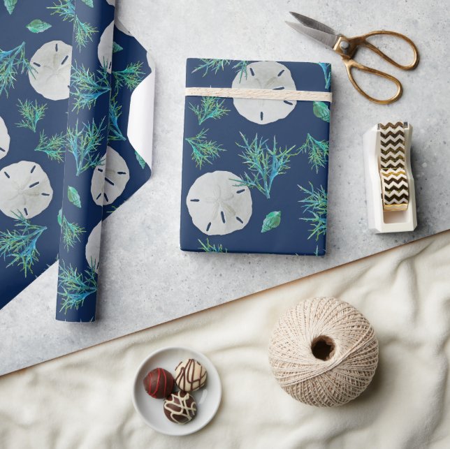 Papier Cadeau Dollar de Sable Thème Marin Bleu Profond (Artisanat)