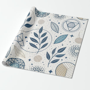 Papier Cadeau Doodle Botanique Bleu géométrique