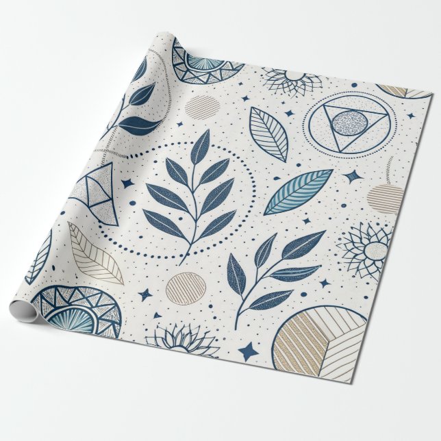Papier Cadeau Doodle Botanique Bleu géométrique (Déroulé)