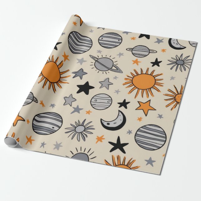 Papier Cadeau Doodle céleste fantaisiste (Déroulé)