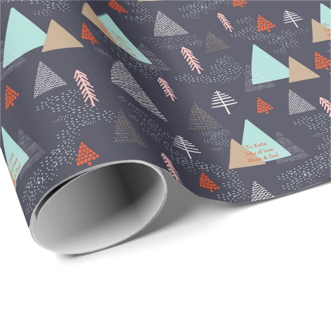 Papier Cadeau Doodle d'arbre de Noël scandinave personnalisé (Coin rond)