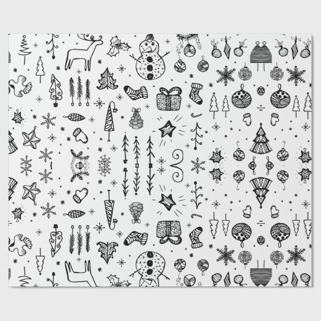 Papier Cadeau Doodle de Noël dessiné à la main (Plat)