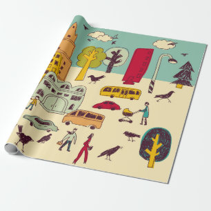 Papier Cadeau Doodle parc urbain paysage randonnée couleur ville