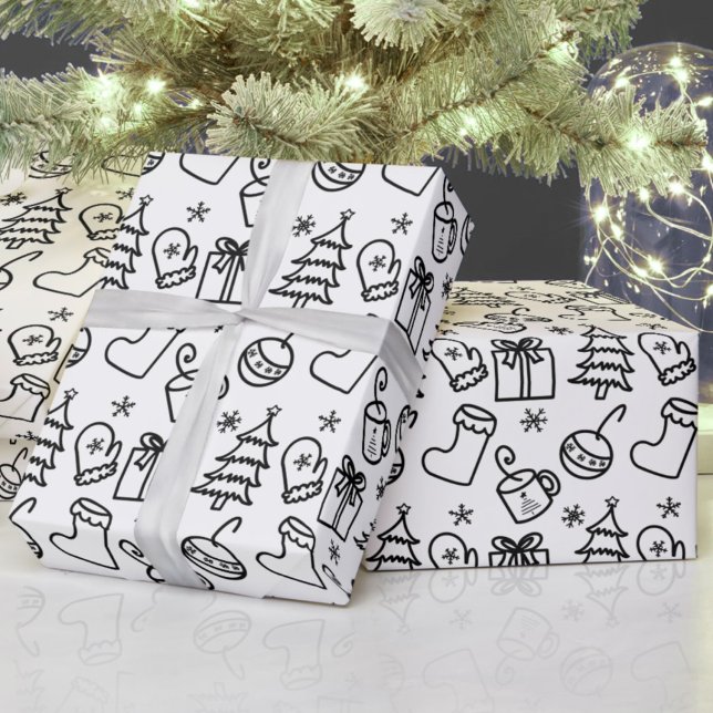 Papier Cadeau Doodles de Noël noir & blanc couleur votre propre (Créateur téléchargé)