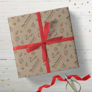 Papier Cadeau Doodles de Noël personnalisés Kraft Brown