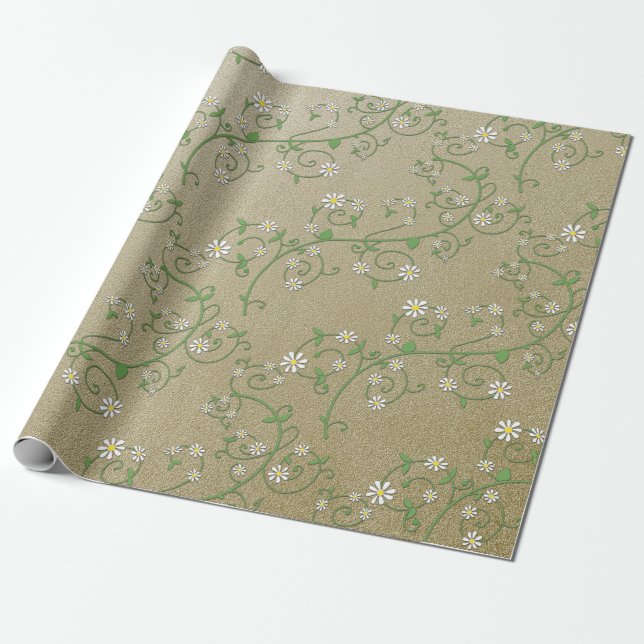 Papier cadeau doré avec vigne florale blanche (Déroulé)