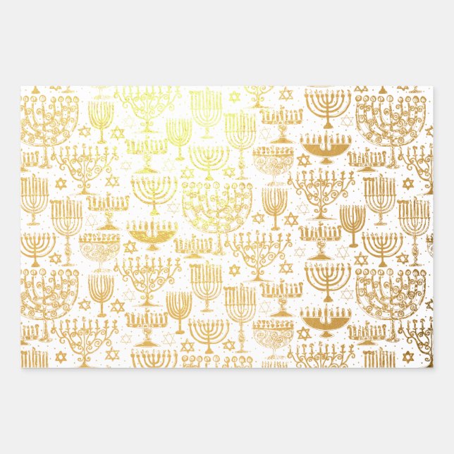 Papier Cadeau Doré Élégant Motif Hanoukka Menorah (Devant)