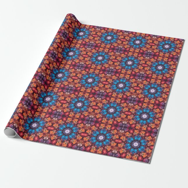Papier Cadeau Dot Mandala bleu rouge et orange (Déroulé)