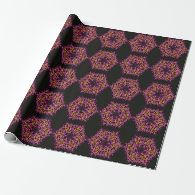 Papier Cadeau Dot Mandala Flower rose jaune et noir (Déroulé)