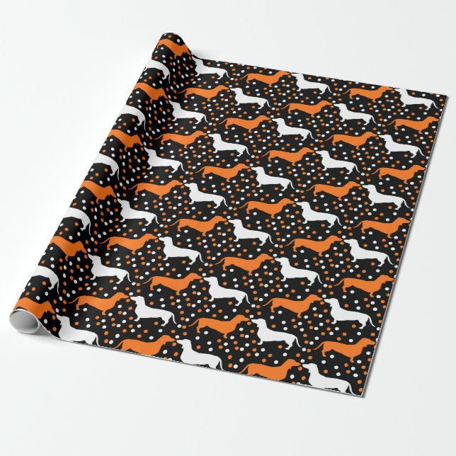 Papier Cadeau Dots Dachshund blanc et orange sur Halloween noir (Déroulé)