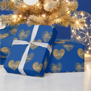 Papier Cadeau Double le coeur d'amour or sur le bleu du Congrès