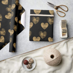 Papier Cadeau Doubler les Coeurs d'Amour Or sur Noir