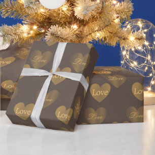 Papier Cadeau Doubler les Coeurs d'amour or sur Taupe moyenne