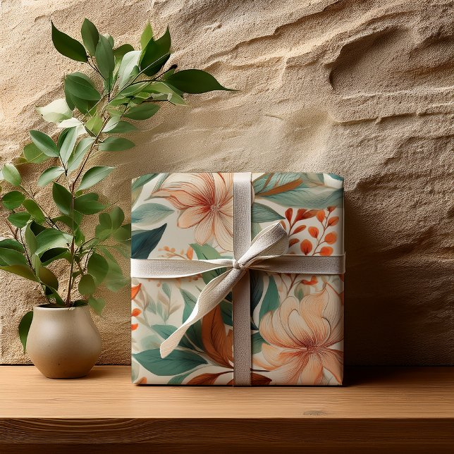 Papier Cadeau Douce Fête de Mariage Florale Botanique (Soft botanical floral wrapping paper with peach blooms and muted teal garden pattern design)