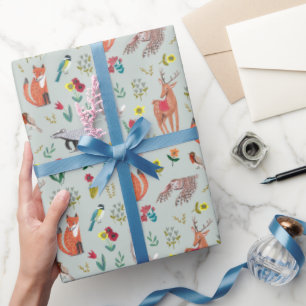 Papier Cadeau Douce Fête de Naissance Animaux de la Forêt Bleue