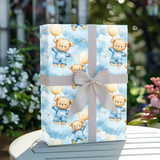 Papier Cadeau Douce Fête de Naissance Ourson Bleu pour Petit Gar (Créateur téléchargé)
