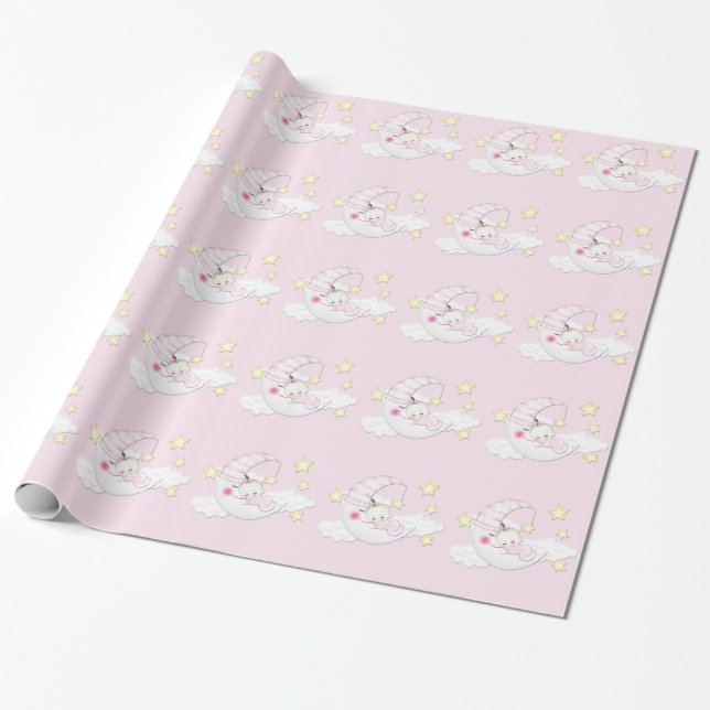 Papier Cadeau Douce Fille de la Lune Rose Bébé (Déroulé)
