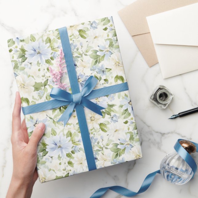 Papier Cadeau Douce Mariée Fleurie Crème Bleue (Cadeaux)