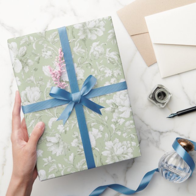 Papier Cadeau Douce Mariée Florale Romantique Verte Blanche (Cadeaux)