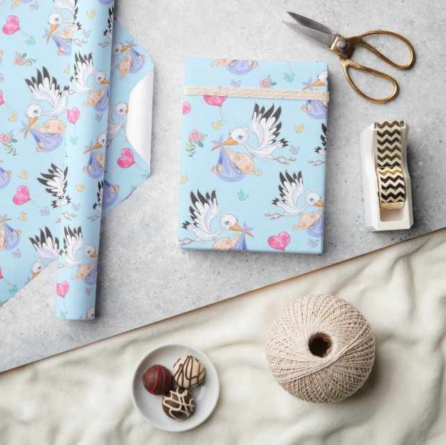 Papier Cadeau Douce Nouveau Bébé Garçon et Cigogne  (Artisanat)