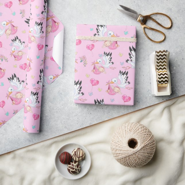 Papier Cadeau Douce Nouvelle Bébé Fille et Cigogne  (Artisanat)