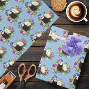Papier Cadeau Douce Paire de Furets Floraux Bleus Fantaisistes