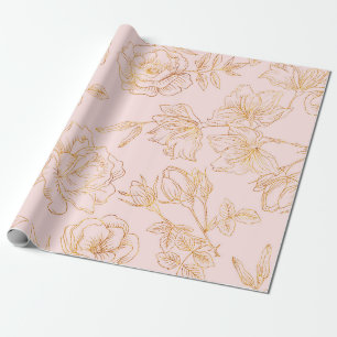 Papier Cadeau Doucement rose, avec les roses décrites par or