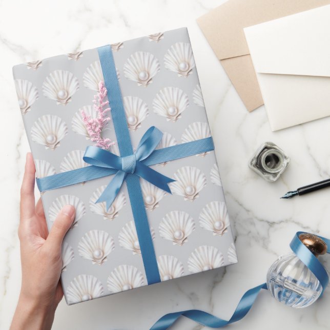Papier Cadeau Douche de Mariage Grise Coquille Perle Blanche (Cadeaux)