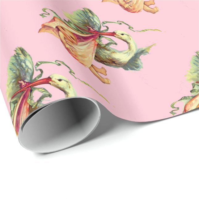 PAPIER CADEAU DOUCHE POUR FILLE ROSE STORK BÉBÉ (Coin rond)