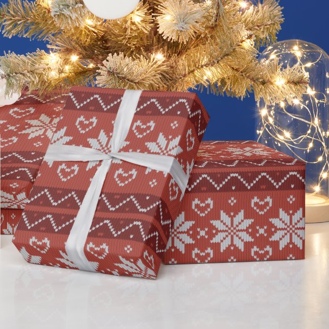 Papier Cadeau Douille de Noël moche Scandinave Knit Coeur rouge (Vacances)