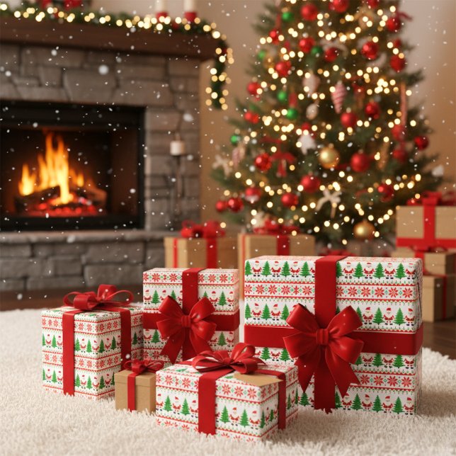 Papier Cadeau Doux affreux Pixelé Père Noël Festive Stripes (Ugly Sweater Pixelated Santa Festive Stripes Wrapping Paper)