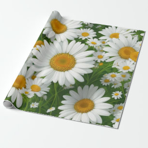 Papier Cadeau Doux marguerite motif blanc fleurie verte