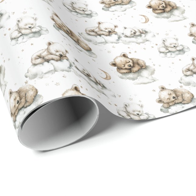 Papier Cadeau Doux oursons endormis sur des nuages duveteux (Coin rond)