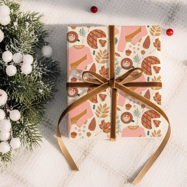 Papier Cadeau Doux pull de Noël à carreaux avec des pommes de pi (Créateur téléchargé)