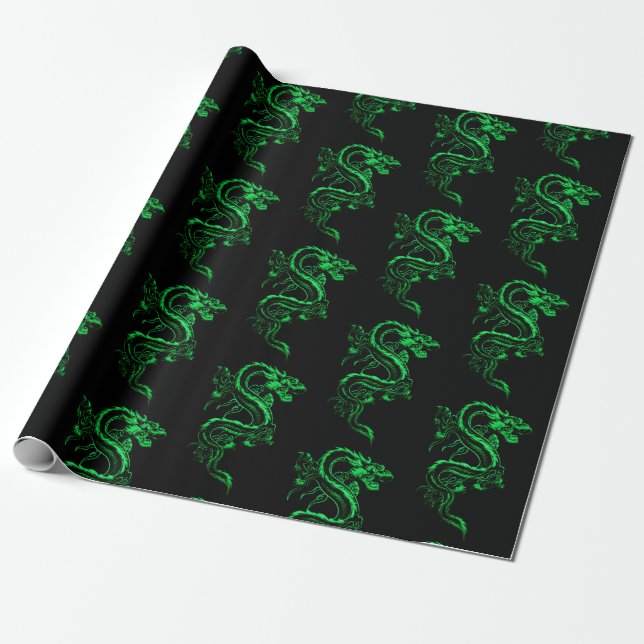 Papier Cadeau Dragon asiatique vert (Déroulé)