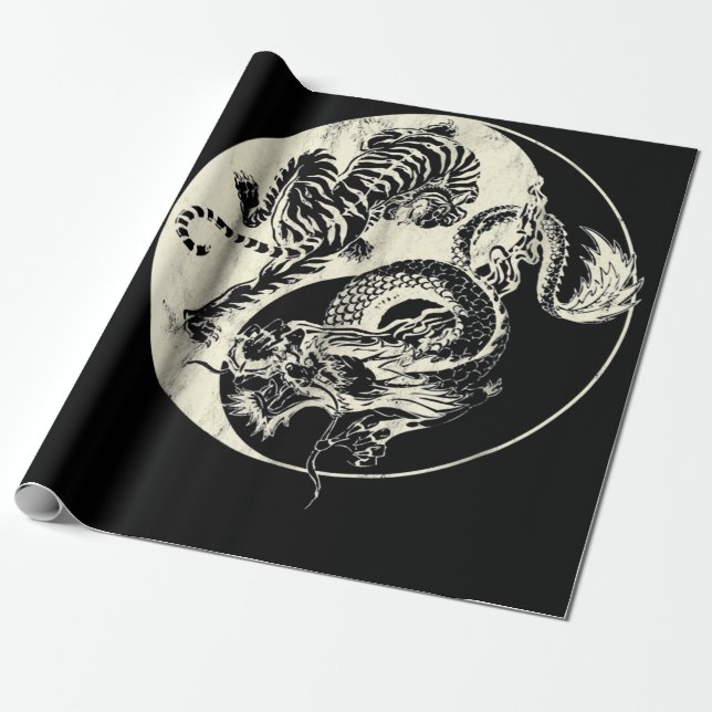 Papier Cadeau Dragon Avec Tigre Tattoo YIN Et Yang Beast Combat (Déroulé)