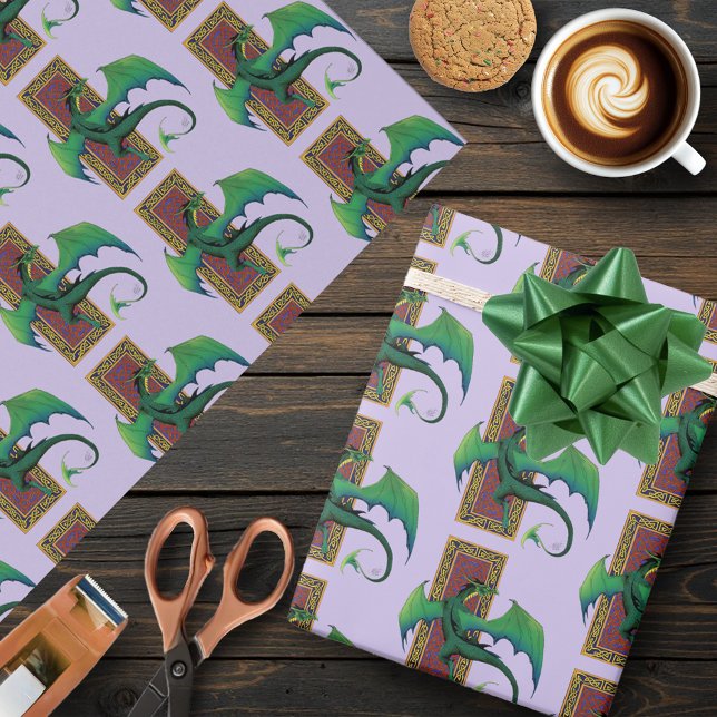 Papier Cadeau Dragon Celtique Vert Fantastique à Nœuds Violets (Créateur téléchargé)