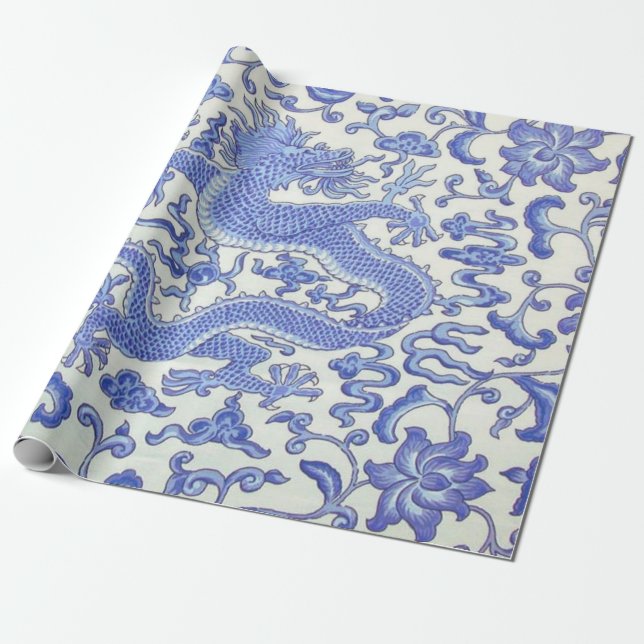 Papier Cadeau Dragon chinois bleu et blanc découpage floral (Déroulé)