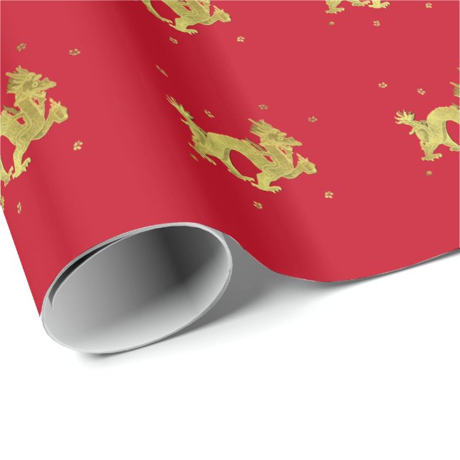 Papier Cadeau Dragon chinois d'or (Coin rond)
