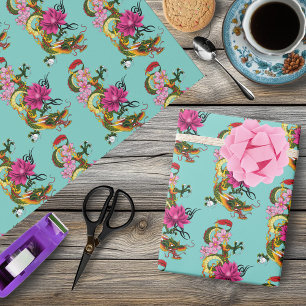 Papier Cadeau Dragon Chinois Fleurs de Lotus Cerisiers en Fleur