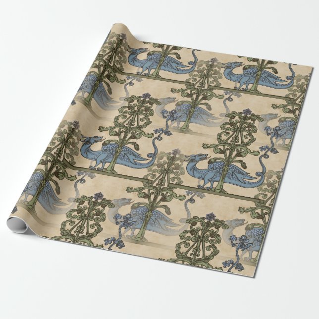 Papier Cadeau Dragon de Yule médiéval carrelé (Déroulé)