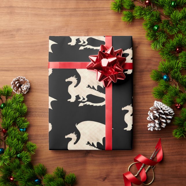 Papier Cadeau Dragon d'or en noir (Cadeau de vacances)