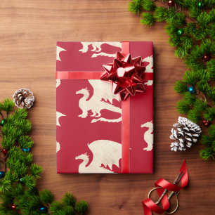 Papier Cadeau Dragon d'or sur fond rouge foncé